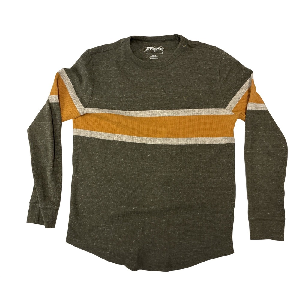 American Eagle Mens Waffle Knit Thermal Shirt Olive Green Striped Small Long Slv